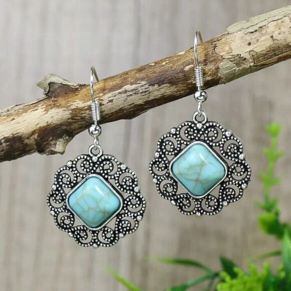 New - Turquoise Diamond Shaped Boho Drop Dangle Earrings - Picture 1 of 5